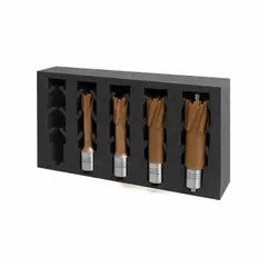 This annular cutter set includes a 13/16 in cutter with a 15/16 in maximum cutting depth. The carbide-tipped construction features a TiAlN/TiSiN coating for enhanced wear resistance. The Weldon Flat shank provides secure tool holding in compatible holders. Suitable for making precise holes in metal during industrial machining and fabrication.