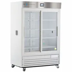 This upright chromatography refrigerator provides a temperature range of 1°C to 10°C for storing temperature-sensitive samples, reagents, and chromatography media. It features a sliding glass door for easy access and visibility, a door ajar alarm, and uses R-290 refrigerant. The white finish and sliding door opening style suit laboratory and pharmaceutical environments.