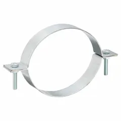 Steel duct hanger designed for supporting 6-inch round ductwork. Includes bolts for installation. Measures 8 inches in length and 6 inches in width. Suitable for use in HVAC, ventilation, and exhaust systems to secure ducts to ceilings or structural supports.