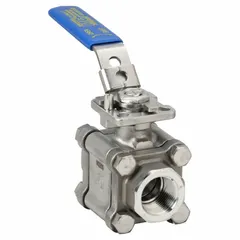 This manual two-way ball valve features a CF8M stainless steel straight valve body and PTFE seals for corrosion resistance. The 3/4 in port size and locking lever handle enable secure on/off flow control in industrial piping systems handling water, oil, gas, and mild chemicals.
