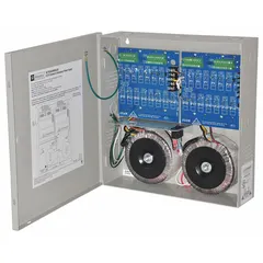 Steel-enclosed power supply board providing 24V AC output at 25A from a 115V AC input. Used for powering access control systems, CCTV cameras, and other security devices.