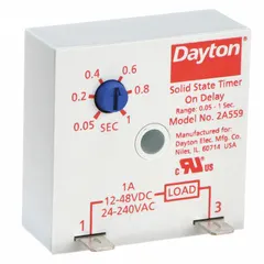 Surface-mounted encapsulated timing relay for industrial control panels and automation systems. Operates on 24V AC with an adjustable timing range of 0.05 sec to 1 sec. Used to delay or sequence operations in applications such as HVAC, conveyor systems, and packaging machinery.