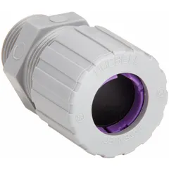 Straight nylon cable grip with 3/4 in MNPT box connection, accepting cord diameters from 0.75 in to 0.88 in. Gray nylon body with orchid color-coded grommet. Rated IP66 for water and dust ingress, and Class III, Division 1 & 2 for hazardous locations. Overall length 2 1/8 in. Suitable for securing and sealing wiring entering enclosures in environments with combustible fibers or flyings.