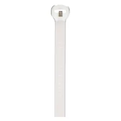 This fine adjustment cable tie is designed for bundling and securing wires and cables in indoor applications. It has a nominal length of 6 1/2 in, a maximum bundle diameter of 1 1/2 in, and a width of 0.14 in. The natural color tie is supplied in packs of 100 and is not rated for outdoor use.