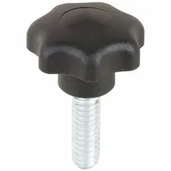 This 7-arm knob features a plastic body with a steel threaded stud, providing a secure grip for manual adjustment and clamping on industrial machinery, jigs, and fixtures. The multi-point design allows easy operation even with greasy hands. Specifications: 25 mm diameter, 1/4"-20 thread size, 20 mm thread length.