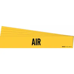 Adhesive pipe marker with yellow background and black legend reading 'Air'. Designed for pipes with outer diameter of 8 inches and larger. Pack of 5 markers without directional arrows. Used to identify air piping systems in industrial facilities.