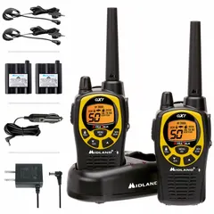 GMRS analog handheld radio with 50 channels and 4 W output power. Features an alphanumeric display and NiMH battery. Requires an FCC license for operation. Suitable for outdoor recreation, construction site coordination, and event logistics.