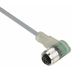 Single-ended cordset with a gray PVC jacket for flexing applications. Features an M12 female right-angle connector on one end and bare wire on the other, with 3 pins, 22 AWG wire, 2 m cable length, and 3 A maximum current. Rated IP67 and NEMA 6P for protection against dust and water ingress. Suitable for connecting sensors and actuators in industrial automation and material handling systems.