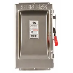 This Siemens fusible safety switch is rated 60 A, single phase, 240V AC, housed in a 304 stainless steel enclosure for corrosion resistance. Suitable for indoor or outdoor use, it provides a visible disconnect and overcurrent protection for branch circuits and equipment. Accepts Class R or Class H fuses (not included).