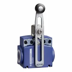 Roller lever-arm limit switch from the XCKT series with a 0.22 in roller width and 0.9 in-lb maximum operating torque. Equipped with screw clamp terminals for electrical connection. Used in industrial automation to detect the position of moving machinery parts, such as in conveyor systems and packaging equipment.