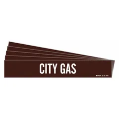 Brown adhesive pipe marker with white legend reading 'City Gas'. Fits pipe outer diameters from 2-1/2 to 7-7/8 inches. Sold in a 5-pack without arrows. Used for identifying city gas piping in industrial and commercial facilities.