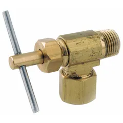 Brass angle-body needle valve with 3/8 in pipe size and Compression x MNPT connections. Designed for precise flow regulation of water in plumbing and instrumentation systems where a 90-degree flow path is required. Complies with NSF 61 Annex G standards.