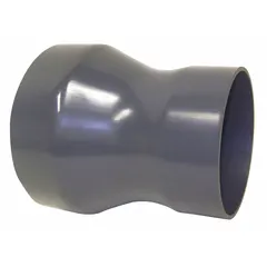 PVC reducer for transitioning between duct sizes in ventilation systems. Inlet diameter 7 in, outlet diameter 5 in, overall length 8 3/4 in. Suitable for use with duct diameters from 5 in to 7 in.