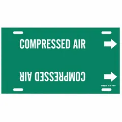 Green pipe marker with white legend reading 'Compressed Air' and directional arrows. Fits pipe outer diameters of 8 to 9-7/8 inches. Used to identify compressed air lines in industrial piping systems.