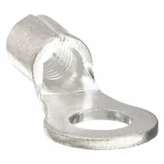 Non-insulated ring terminal for #10 studs, accepting 14 AWG to 10 AWG wire. Rated 2000V. Serrated barrel provides secure conductor grip. Suitable for power distribution, control panels, and machinery terminations.