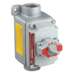 This maintained-action selector switch control station features a Hand/Auto legend and 2NO/2NC contact form. It is configured with a single selector switch operator and no pilot lights. Used in industrial environments to manually select between automatic and manual operating modes for machinery or process equipment.