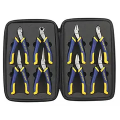 This 8-piece precision pliers set includes needle nose and diagonal pliers with deluxe cushion grip handles and spring return. The pliers range from 6 to 9 inches and come in a storage case. Suitable for precision gripping, cutting, and bending in maintenance, electrical, and assembly applications.