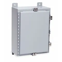 This WIEGMANN steel enclosure measures 24 x 24 x 8 inches and is rated NEMA 12/13/4 for protection against dust, falling dirt, and hose-directed water. It features a solid hinged cover secured by clamps and does not include knockouts. Suitable for industrial washdown environments such as food processing and manufacturing facilities.