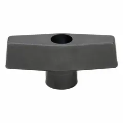 This T-handle knob features a 2.5 in diameter plastic body with a steel thread insert. The threaded through-hole accommodates a 3/8"-16 stud for secure mounting. It provides manual grip for adjusting, clamping, or positioning machinery and equipment.