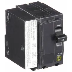 Plug-in miniature circuit breaker for QO Load Centers and NQ Panelboards. Provides overcurrent and short-circuit protection for single-phase 120/240V AC branch circuits. 30 A, 2-pole, 10kA interrupting rating at 120/240V AC.