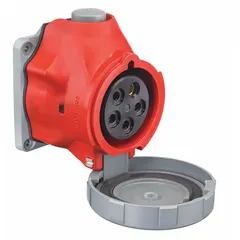 This HUBBELL pin and sleeve receptacle is rated for 200/346 to 240/415V AC and 220/380 to 240/415V AC, three-phase applications. Its washdown-rated design provides a weather-resistant connection suitable for industrial environments where equipment is exposed to moisture or hose-down cleaning.