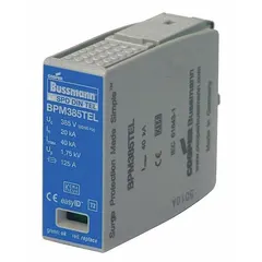 DIN Rail internal-mount surge protective device replacement module with a nominal discharge current of 1 kA and a maximum continuous operating voltage of 30V AC/DC. Designed for use with the 19D538 base unit. Suitable for protecting low-voltage control circuits in industrial automation, HVAC, and process control panels.