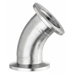 This 90° elbow vacuum tube fitting connects 3/4 in OD tubing to 3/4 in pipe. Made from 304 stainless steel, it is rated for vacuum service down to 10⁻⁷ torr at 72°F. Commonly used in high-vacuum systems for semiconductor, analytical instrumentation, and research applications.