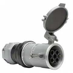 Gray washdown-rated pin and sleeve connector rated 200 A, 4 pole, 5 wire, with Style 1 grounding. Rated 250V DC/600V AC. Suitable for industrial power connections in environments requiring washdown-rated protection, such as food processing or wet locations.