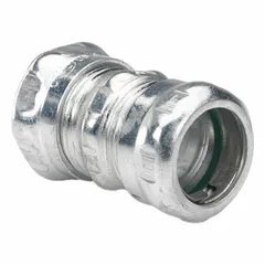 This compression coupling is used to join EMT conduit in electrical raceway systems. Made of steel with a zinc-plated finish, it provides a rain-tight connection suitable for outdoor or damp locations. Trade size 3/4 in, not insulated, and meets 514B cULus standards.