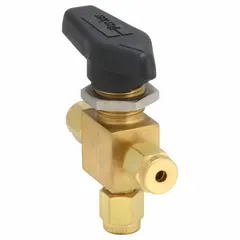 Brass three-way ball valve with L flow pattern, designed for diverting or mixing flow in fluid systems. Features compression connections on all three ports and a lever handle for manual operation. Suitable for use in pneumatics, hydraulics, and process control applications.