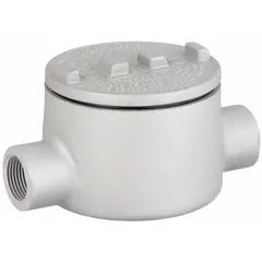This C round body straight type conduit outlet body is made of aluminum with a powder-coated finish. It has a 1-1/4 in trade size, threaded female hubs, and a 31 cu in body capacity. The unit includes a cover and O-ring, and is UL Listed for hazardous locations including Class I, Division 1 and 2, Groups B, C, D; Class II, Division 1 and 2, Groups E, F, G; and Class III. It is used with threaded IMC to provide access to conductors.
