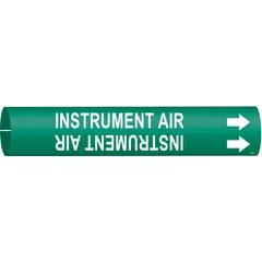 Green snap-on pipe marker with white legend reading 'Instrument Air' for identifying compressed air lines. Fits pipe outer diameters of 4 to 6 inches. Includes directional arrows. Supplied as a single marker.