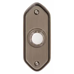 Wired push-button doorbell with integrated light and brushed nickel finish. Designed for entry signaling in residential or commercial security systems, providing an illuminated interface for visitor alerts.