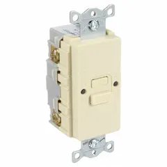 Blank face GFCI device rated 125V AC, 20A with auto reset. 2-pole, 3-wire configuration in ivory. Provides ground-fault protection for hardwired equipment or lighting in wet or damp locations where a standard outlet is not required.