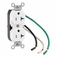 General-purpose duplex receptacle rated 125V AC, 20A, NEMA 5-20 configuration, 2-pole/3-wire grounding. White finish. Suitable for flush mounting in commercial and industrial locations to provide power for equipment and tools.