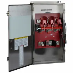 Fusible safety switch rated 600 A, single phase, 240V AC. Enclosure is 304 stainless steel for corrosion resistance. Suitable for indoor or outdoor installation. Provides a visible disconnect for equipment maintenance and emergency shutdown.