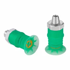 Multi-bellows vacuum pad assembly with 4.5 folds, 32 mm pad diameter, and 3/8 in NPT vacuum port. Green material suitable for food-safe handling. Used for lifting and moving items in automated packaging and material handling systems.