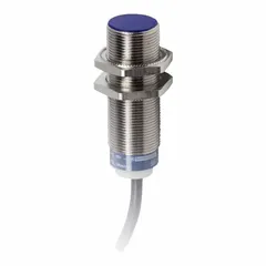 This shielded inductive cylindrical proximity sensor detects metallic objects without physical contact. It features a non-terminated cable and normally open (NO) output, operating on a 12-48V DC supply. Typical applications include position sensing on conveyors and machine tools in industrial automation.