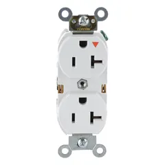 Duplex general-purpose receptacle rated 125V AC, 20A, NEMA 5-20 configuration, 2 pole/3 wire, in white. Features isolated ground design for sensitive electronics. Suitable for commercial and industrial applications requiring a 20-amp, 125-volt outlet.