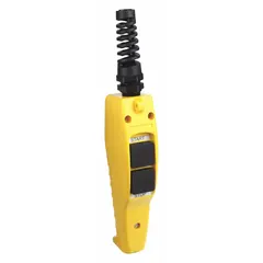 This push-button pendant features two momentary push buttons with Start/Stop legend and a 1NO/1NC contact configuration. The plastic NEMA 4X enclosure provides protection in wet or corrosive environments. AC contact rating is 10 A at 600 V; DC contact rating is 5 A at 600 V. Suitable for remote start/stop control of industrial machinery such as hoists, conveyors, and cranes.