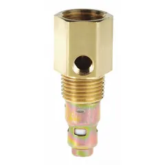 Brass check valve with 1/2 in female and male NPT connections. Rated for 500 psi maximum pressure. Allows flow in one direction and prevents backflow in pneumatic systems, commonly installed in-tank on compressors or air receivers.