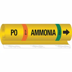 Ammonia wrap-around pipe marker for pipes with outer diameter 1-1/2 to 2-3/8 inches. IIAR system abbreviation PO, phase LIQ, pressure level Low. Includes directional arrows for flow indication.