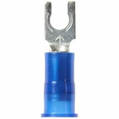 Insulated fork terminal with locking fork design for secure connections in high-vibration environments. Blue nylon insulation grip barrel. Rated 600V, accepts 16 AWG to 14 AWG wire, fits #6 stud size.