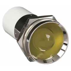 Yellow LED pilot light with protruding head for 16 mm panel mounting hole. Features 0.11 male quick disconnect electrical connection. Used as a visual status indicator on industrial control panels, machinery, and equipment.