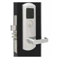 This RFID electronic lockset is ADA compliant with a chrome finish and clutch lever style. It provides keyless entry via RFID cards or fobs and includes a high-security 6-pin TownSteel L key override. Suitable for commercial or institutional doors requiring secure access control.