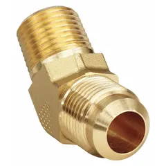 This brass 45-degree flare tube fitting elbow connects 5/8 in OD tubing to 1/2 in pipe threads. It is flared/threaded type, supplied in a 10-pack, and meets SAE J512 standards. Used in fluid systems for hydraulic, pneumatic, and lubrication applications.