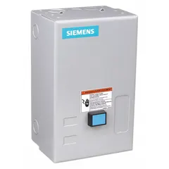 Enclosed non-reversing starter for three-phase AC motors. Features electronic overload protection, NEMA Size 00, 9 A rating, 3 poles, pilot light, screw terminals, and one normally open auxiliary contact. Coil accepts 110-120/220-240V AC dual voltage. Suitable for industrial motor control applications such as conveyors, pumps, fans, and compressors.