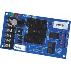 The ALTRONIX PM224 is a linear power supply/charger constructed on a phenolic/fiberglass board. It accepts 24V AC input and delivers regulated 24VDC output at 750mA. This unit is used in access control, security, and industrial control panels to provide clean DC power for locks, sensors, or controllers.