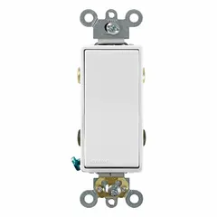 Non-illuminated 4-way maintained rocker switch rated for 120/277V AC and 20 A. White finish. Used for multi-location control of lighting circuits in commercial and industrial buildings when combined with 3-way switches.