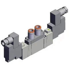 Double solenoid, five-way/two-position, bi-stable valve with 5 ports. Operates on 24V DC with 8 mm BSPT ports, DIN solenoid connector, internal pilot, and non-locking manual override. Used for directing compressed air in automated pneumatic systems, such as actuating cylinders in industrial machinery.